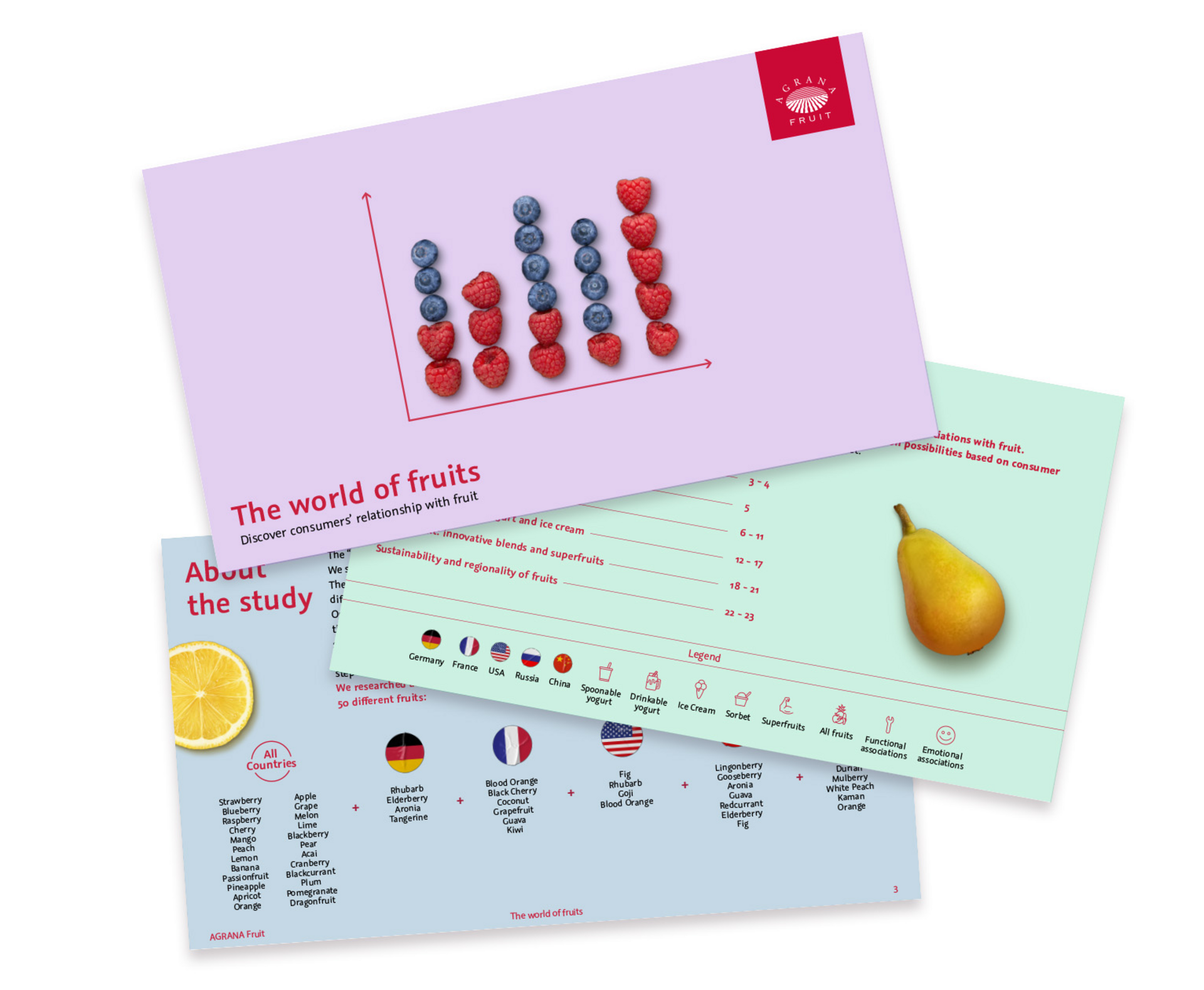 AGRANA Fruit whitepaper pages titled The world of fruits, showing charts and a pear illustration