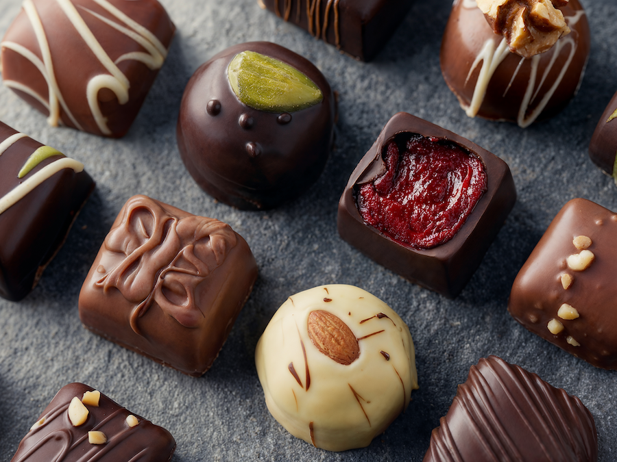 Verschiedene Schokoladenpralinen mit Pistazie, Mandel, roter Fruchtfüllung und Nusstoppings auf dunklem Untergrund