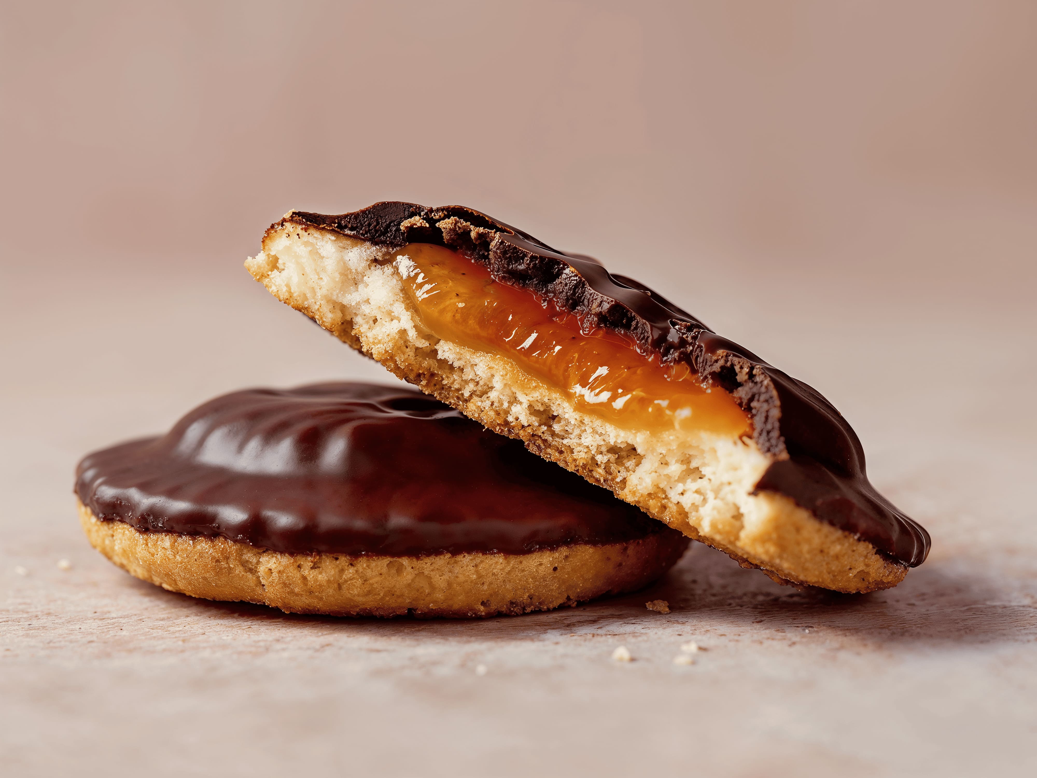 Zwei Soft Cakes mit Schokoladenüberzug, einer aufgeschnitten mit Orangengelee-Füllung