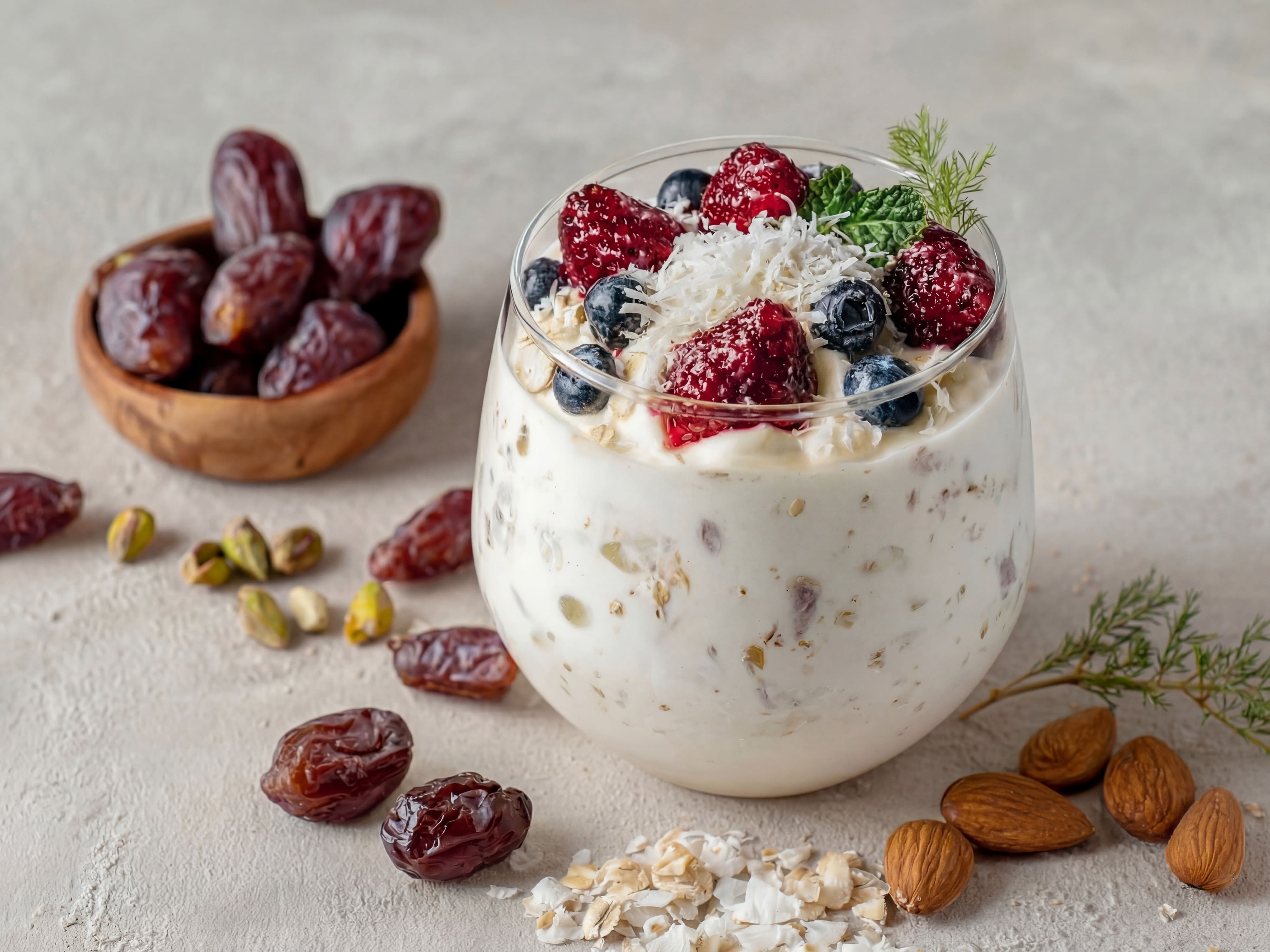 Glass of muesli yogurt with strawberries, blueberries and coconut, dates, pistachios and almonds around it