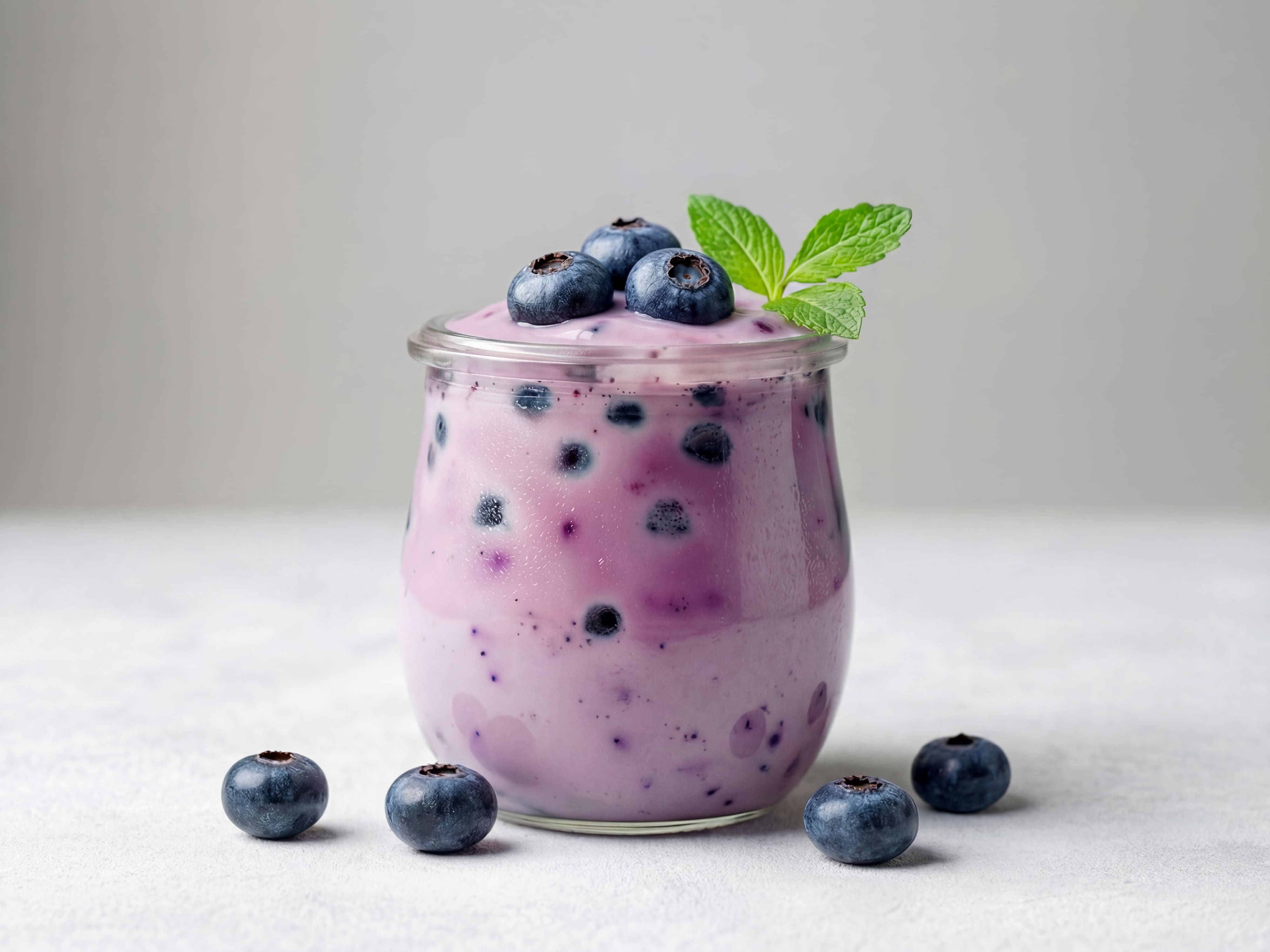 Glas Heidelbeerjoghurt mit frischen Heidelbeeren und Minze, weitere Heidelbeeren daneben