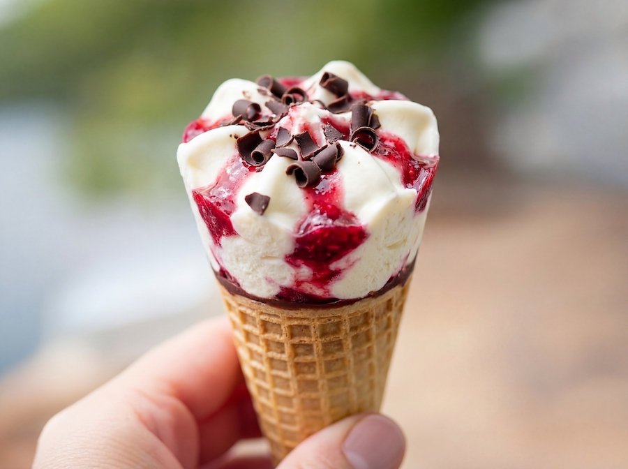 Hand hält ein Eistütchen mit Vanilleeis, roten Beeren-Swirls und Schokoladenraspeln