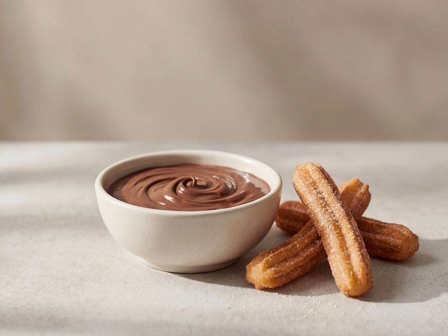 Schale mit cremigem Schokoladen-Dip neben gezuckerten Churros