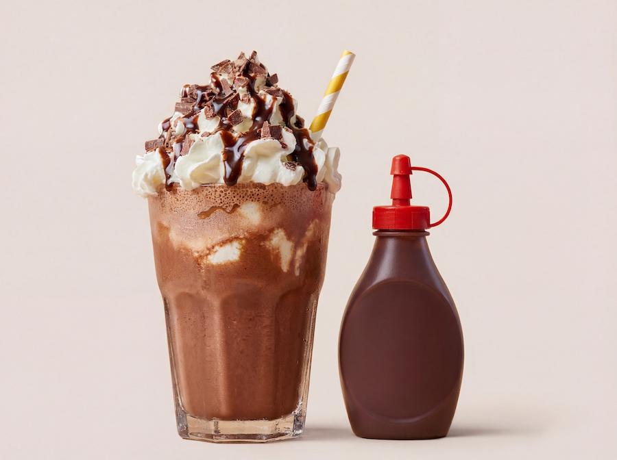 Schokoladen-Milkshake mit Schlagobers und Schokoraspeln neben einer Quetschflasche Schokosauce