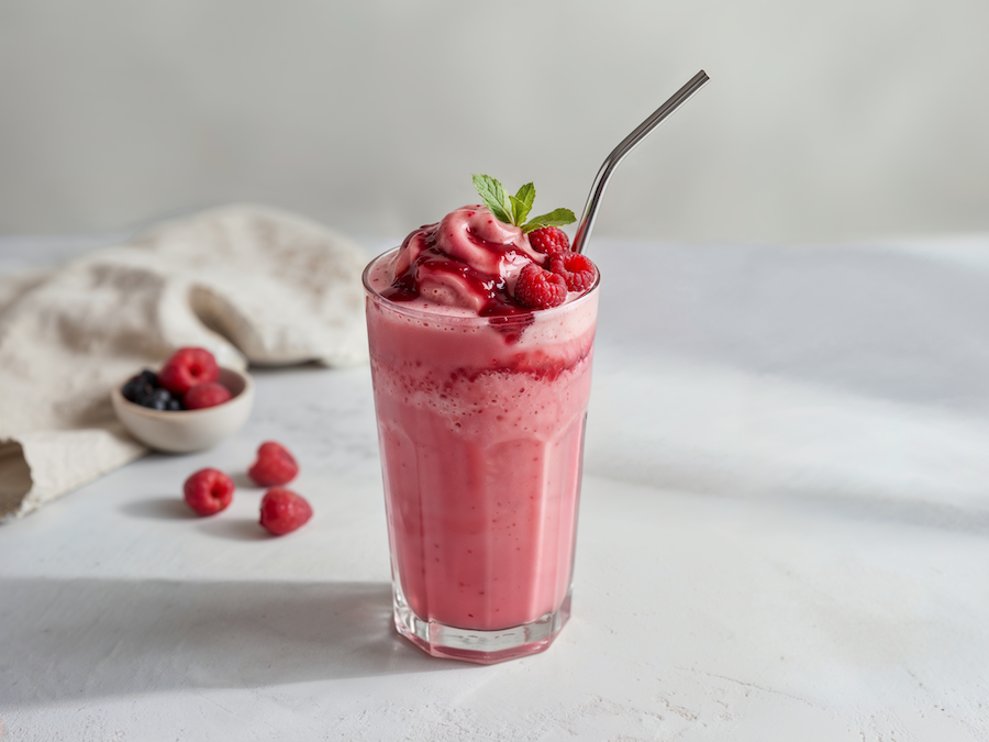 Rosa Himbeer-Frappé im hohen Glas mit Minze, Metallstrohhalm und frischen Himbeeren daneben