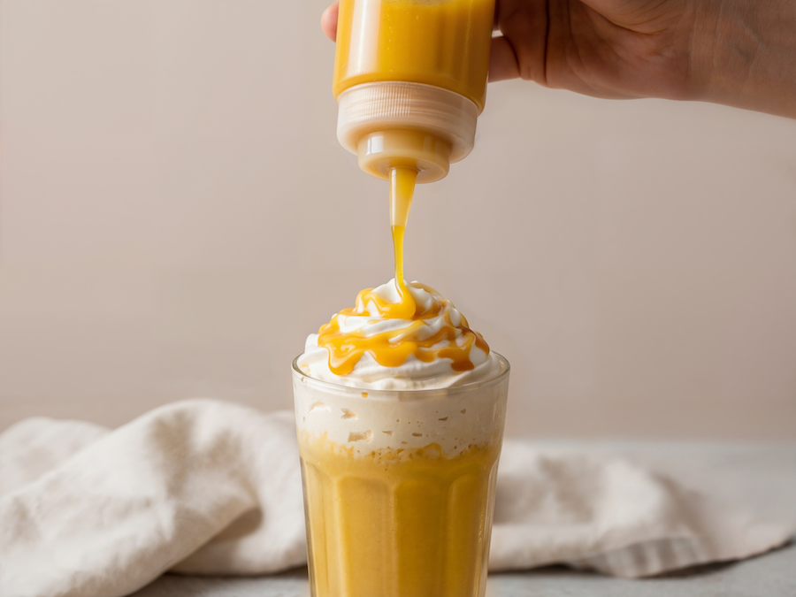 Mangosauce wird aus einer Flasche auf den Schlagobers eines Mango-Frappés gedrückt