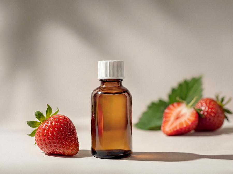 Kleine braune Glasflasche mit weißem Verschluss neben frischen Erdbeeren und einem Blatt