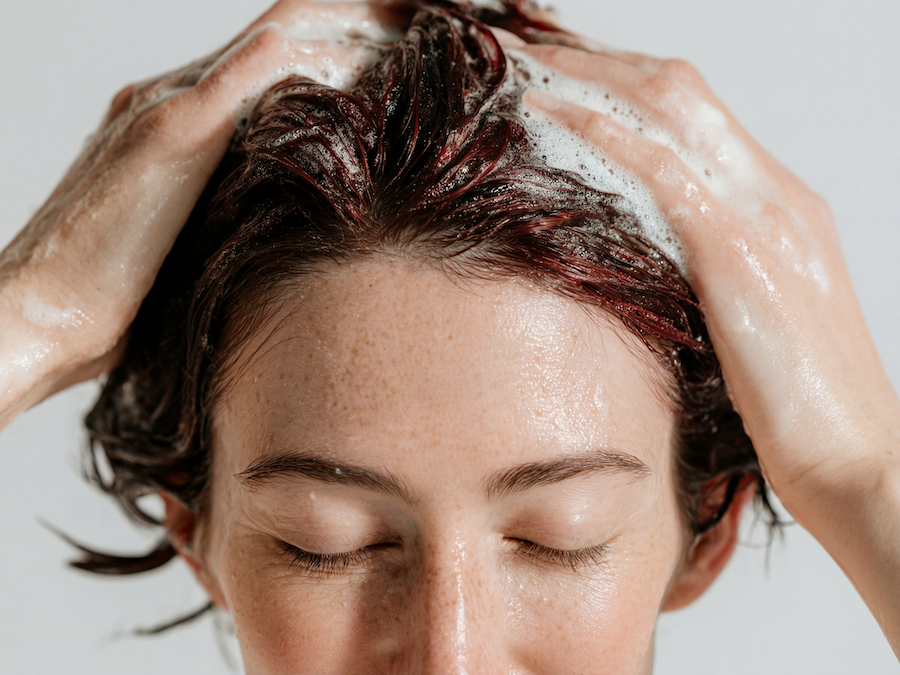 Frau mit geschlossenen Augen schäumt Shampoo in ihrem nassen Haar auf