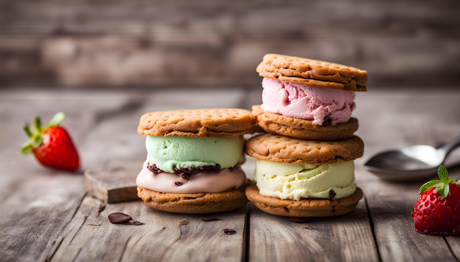 Gestapelte Eis-Sandwiches mit Pistazien-, Erdbeer- und Vanillefüllung auf einem Holztisch