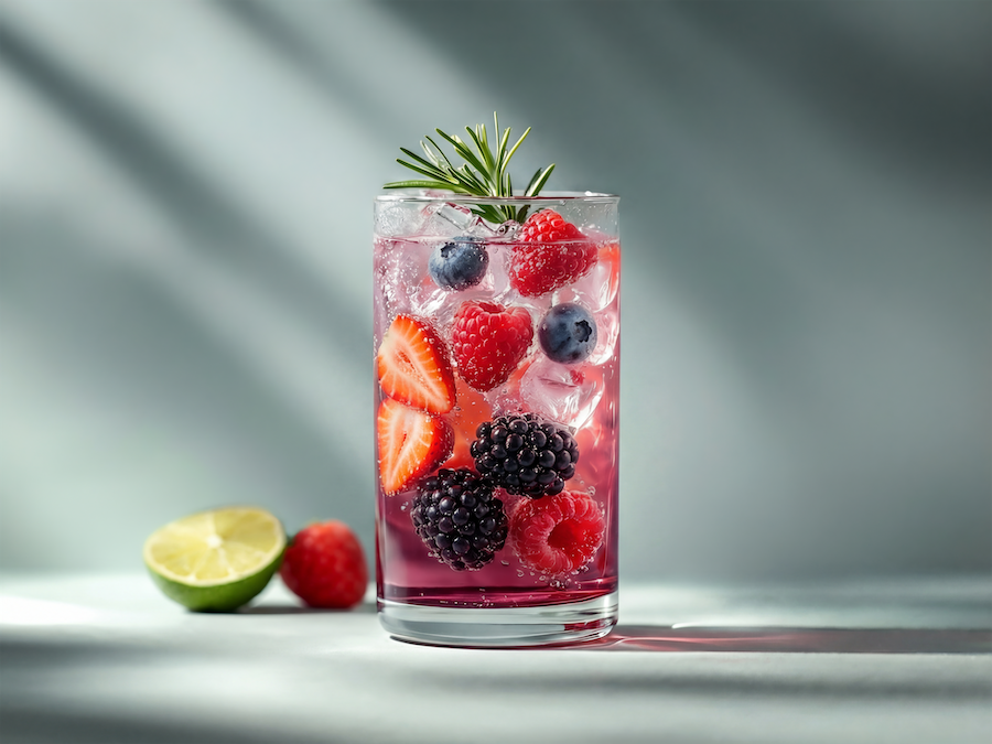 Glas Beeren-Mocktail mit Erdbeeren, Himbeeren, Brombeeren, Heidelbeeren, Eis und einem Rosmarinzweig