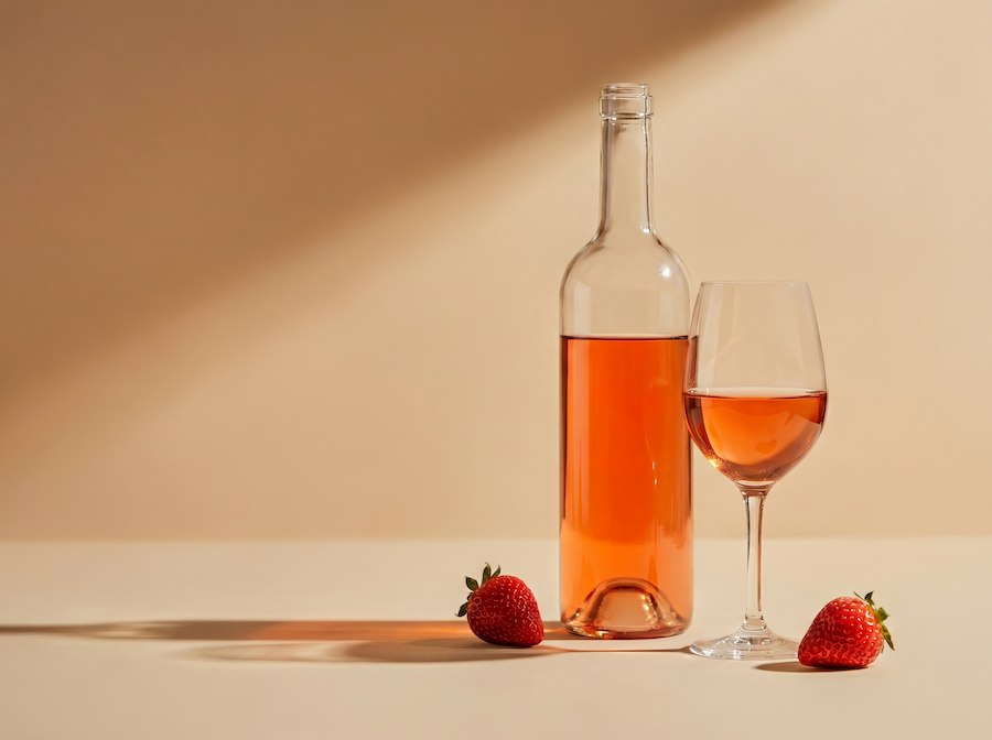 Bottle and glass of rosé-coloured strawberry wine with two fresh strawberries
