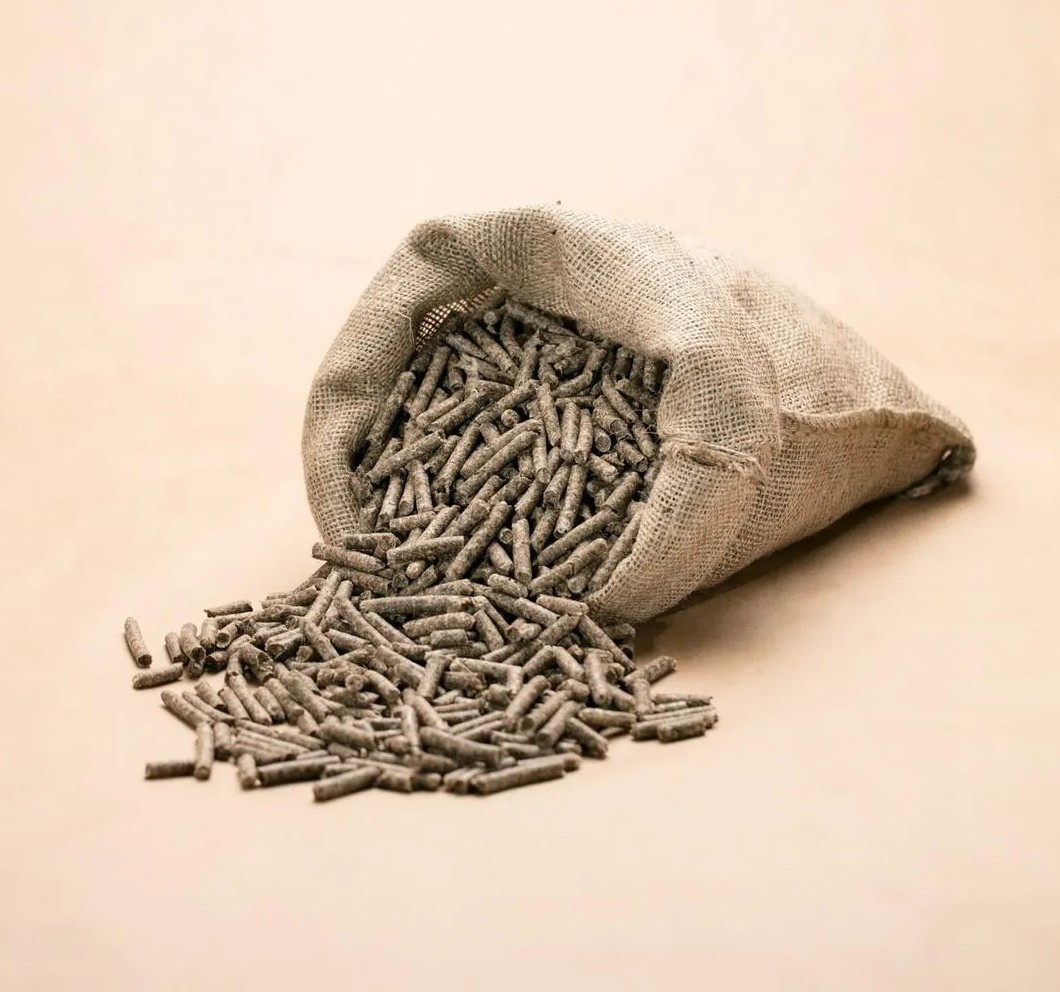 Graue Rübenschnitzelpellets fallen aus einem Jutesack