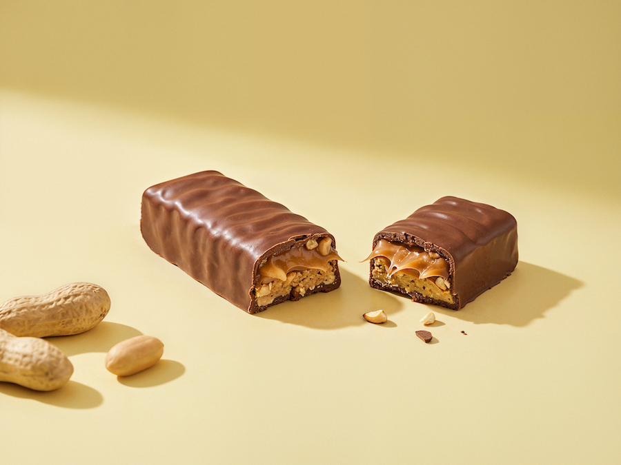 Assorted pralines in close-up, one square chocolate topped with raspberry pieces