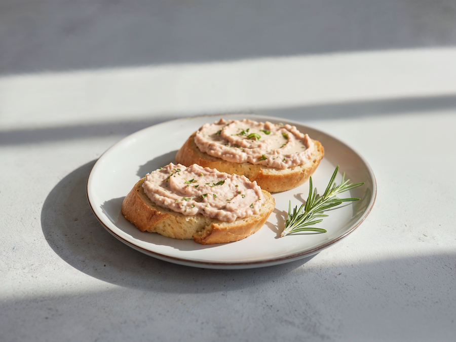 Zwei Brotscheiben mit rosa herzhaftem Aufstrich und Rosmarin auf einem weißen Teller im Sonnenlicht