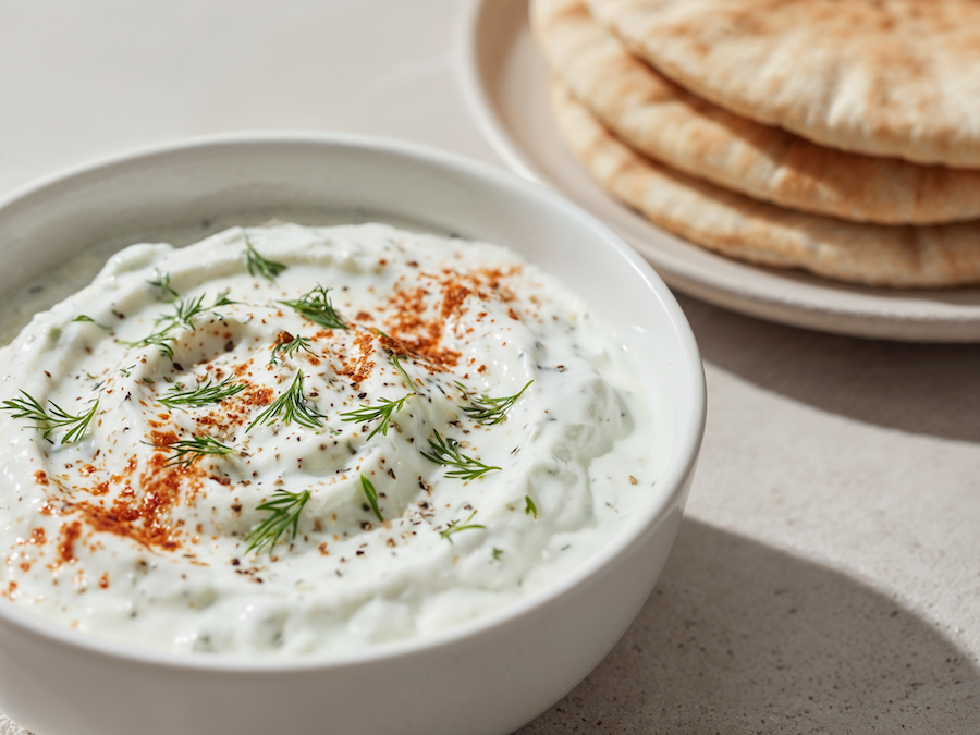 Bowl of creamy yogurt dip with dill and paprika, stacked flatbreads behind