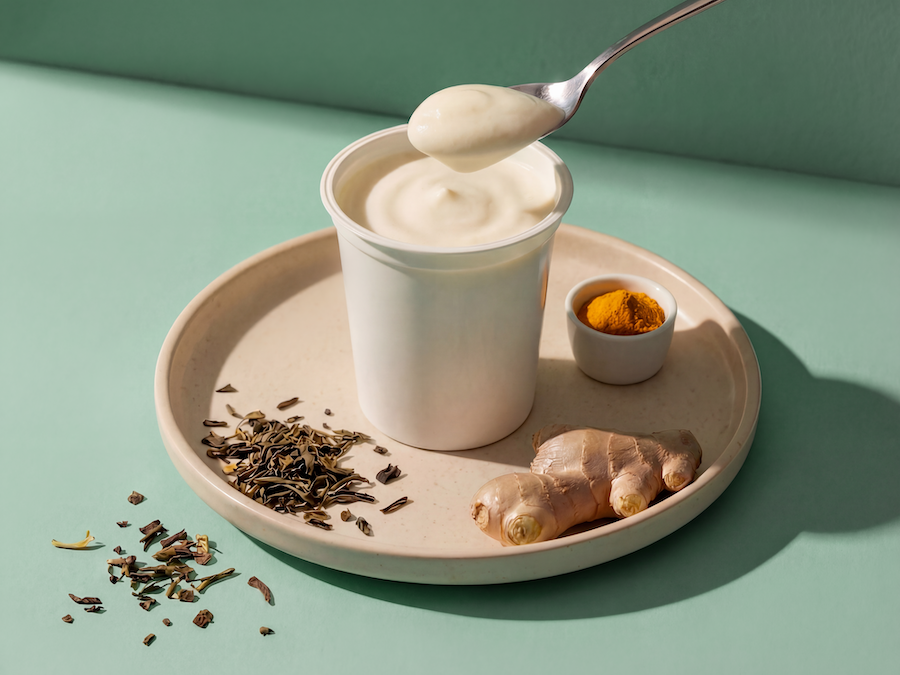 Becher mit weißem Joghurt und gehobenem Löffel, dazu Kurkuma, Ingwer und getrocknete Teeblätter auf einem Teller