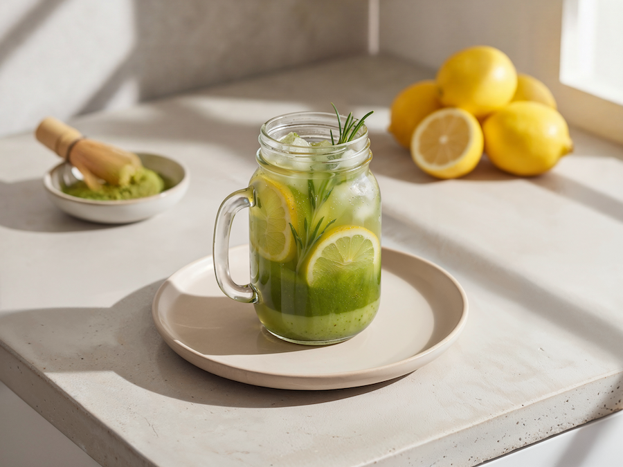 Henkelglas mit grüner Matcha-Limonade, Zitronenscheiben und Rosmarin, daneben Zitronen und Matchapulver