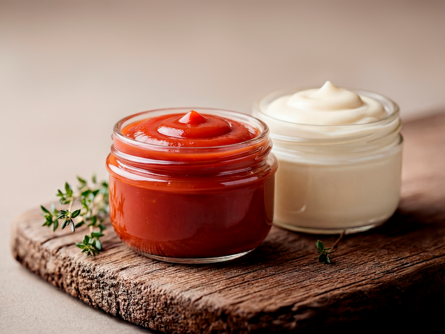 Glass jars of ketchup and mayonnaise with a sprig of thyme on a rustic wooden board