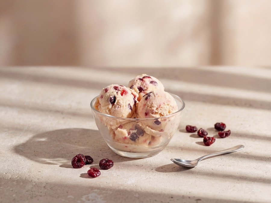 Glass bowl of ice cream with dried cranberries and chocolate pieces next to a spoon