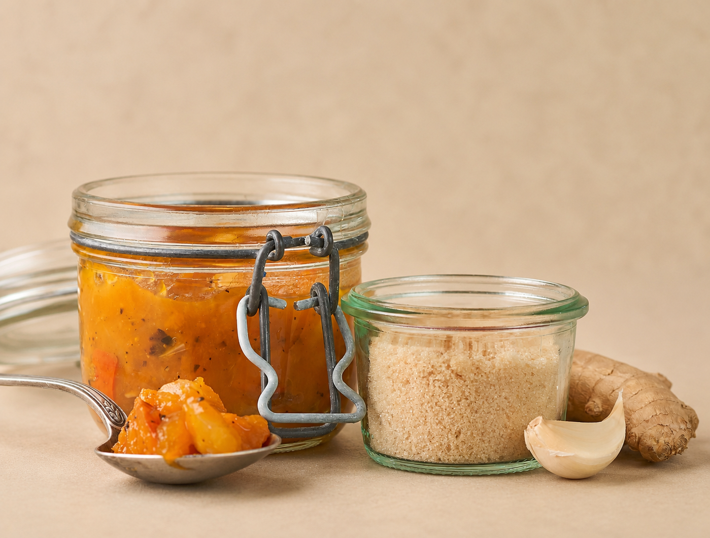 Jar of fruit chutney with a spoon next to a jar of yellow sugar, ginger and garlic