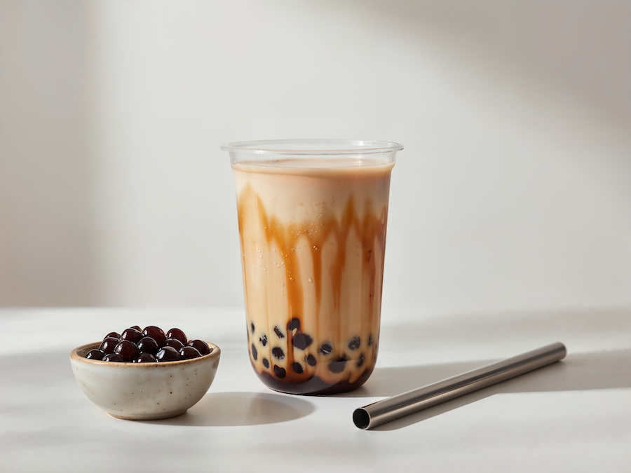 Plastic cup of brown sugar milk tea with dark popping pearls, a bowl of pearls and a metal straw