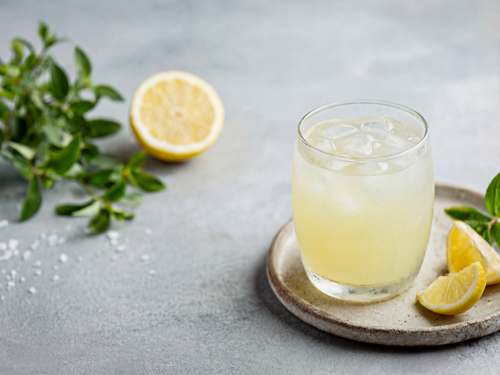 Glass of cloudy lemonade with ice on a ceramic plate, lemon halves and fresh herbs beside it