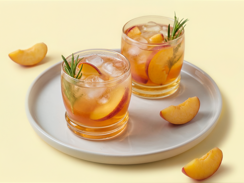 Two glasses of peach iced tea with ice, peach slices and rosemary on a white plate