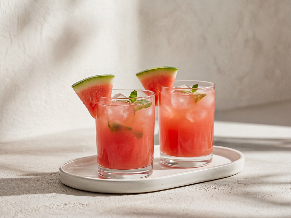 Two glasses of pink watermelon drink with ice, mint and watermelon wedges on a white tray