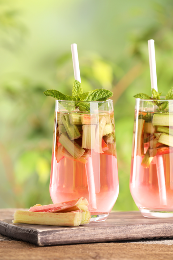 Zwei Gläser Rhabarber-Drink mit Rhabarberstücken, Minze und Strohhalmen auf einem Holzbrett im Garten