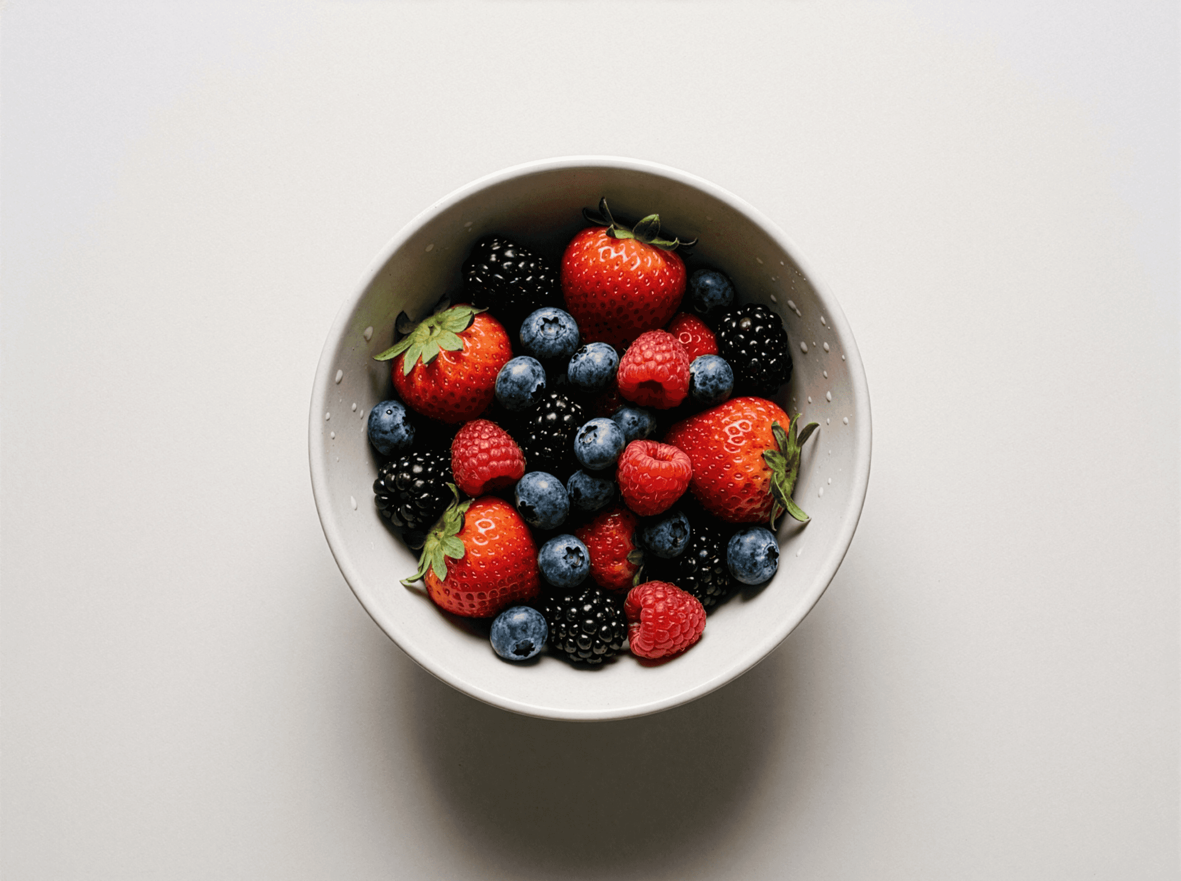 Bowl filled with fresh mixed berries, including strawberries, blueberries, raspberries, and blackberries, viewed from above on a light background. [AI generated]