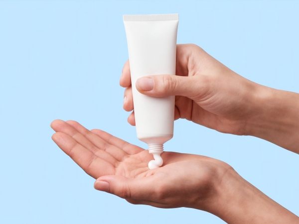 Hands squeezing white cream from a tube into an open palm against a light blue background