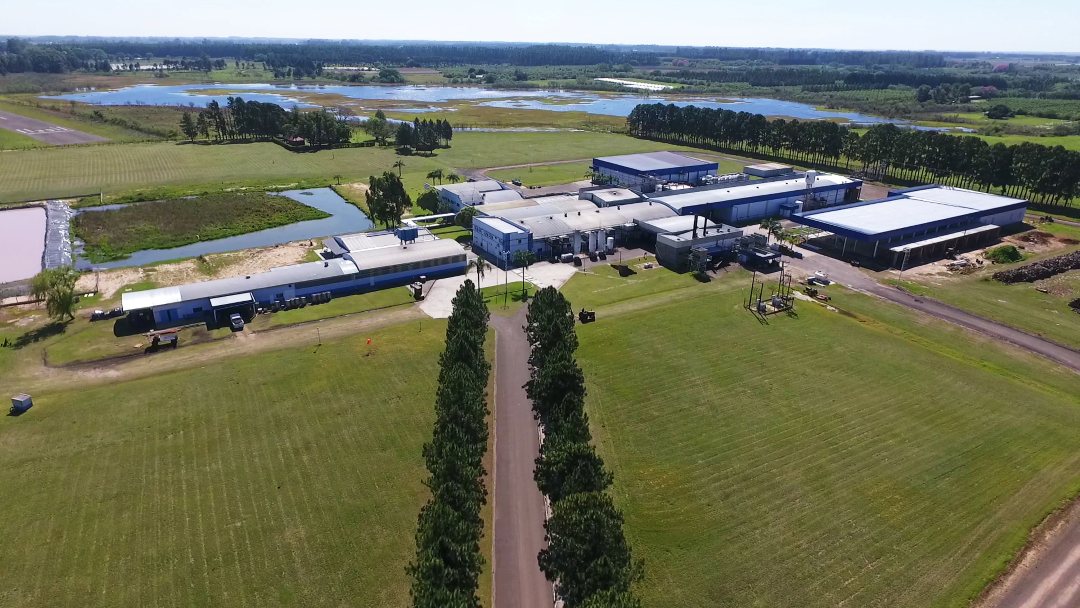 AGRANA Fruit Argentina site seen from above, surrounded by flat farmland and ponds