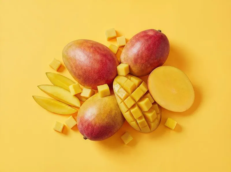 Eine Auswahl an ganzen und aufgeschnittenen Mangos.