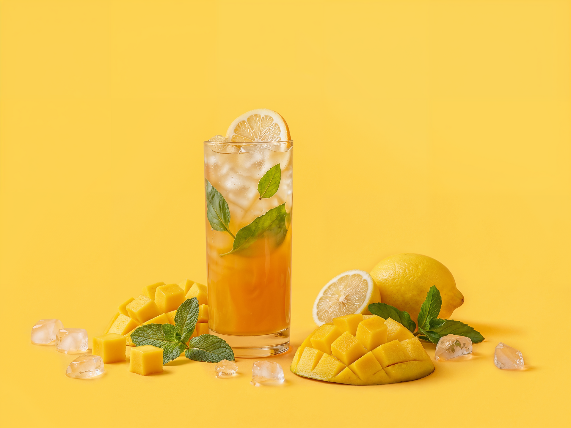 Glass of iced mango tea with lemon slices, mint and fresh mango pieces on a yellow background