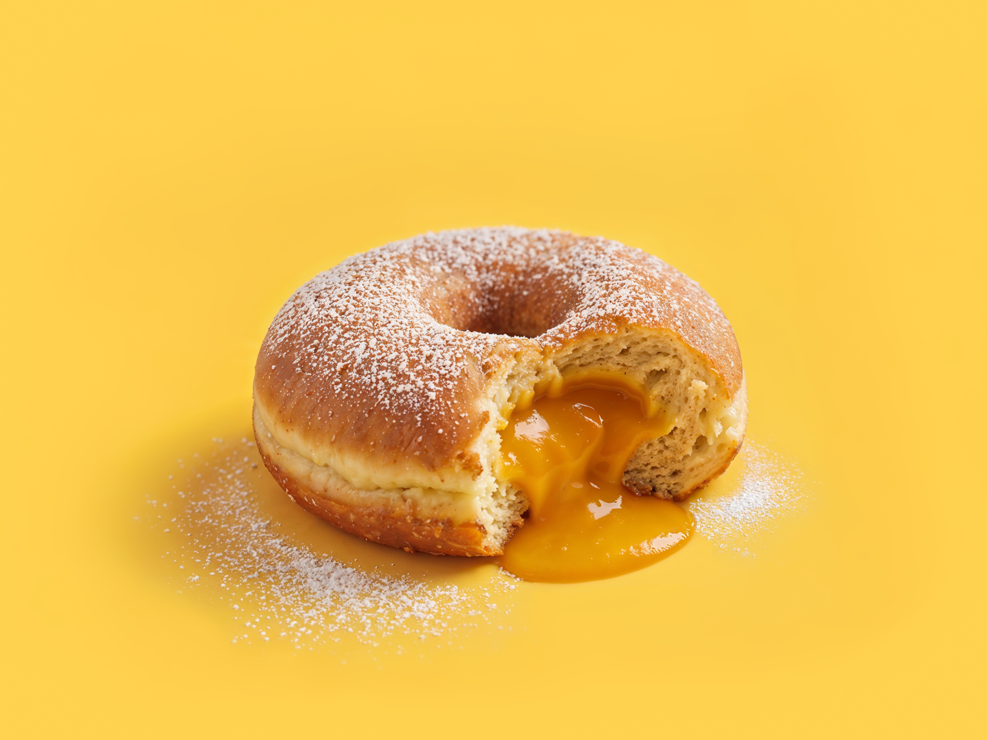 Powdered doughnut with mango filling oozing out on a yellow background