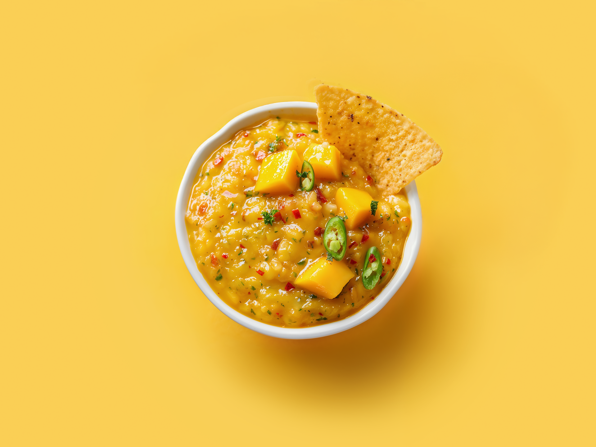 Bowl of mango salsa with diced mango, chili and a tortilla chip on a yellow background