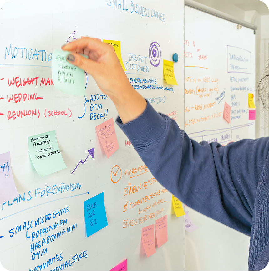 A photo of a hand placing ideas written on a post-it on a colorful whiteboard filled with more post-its