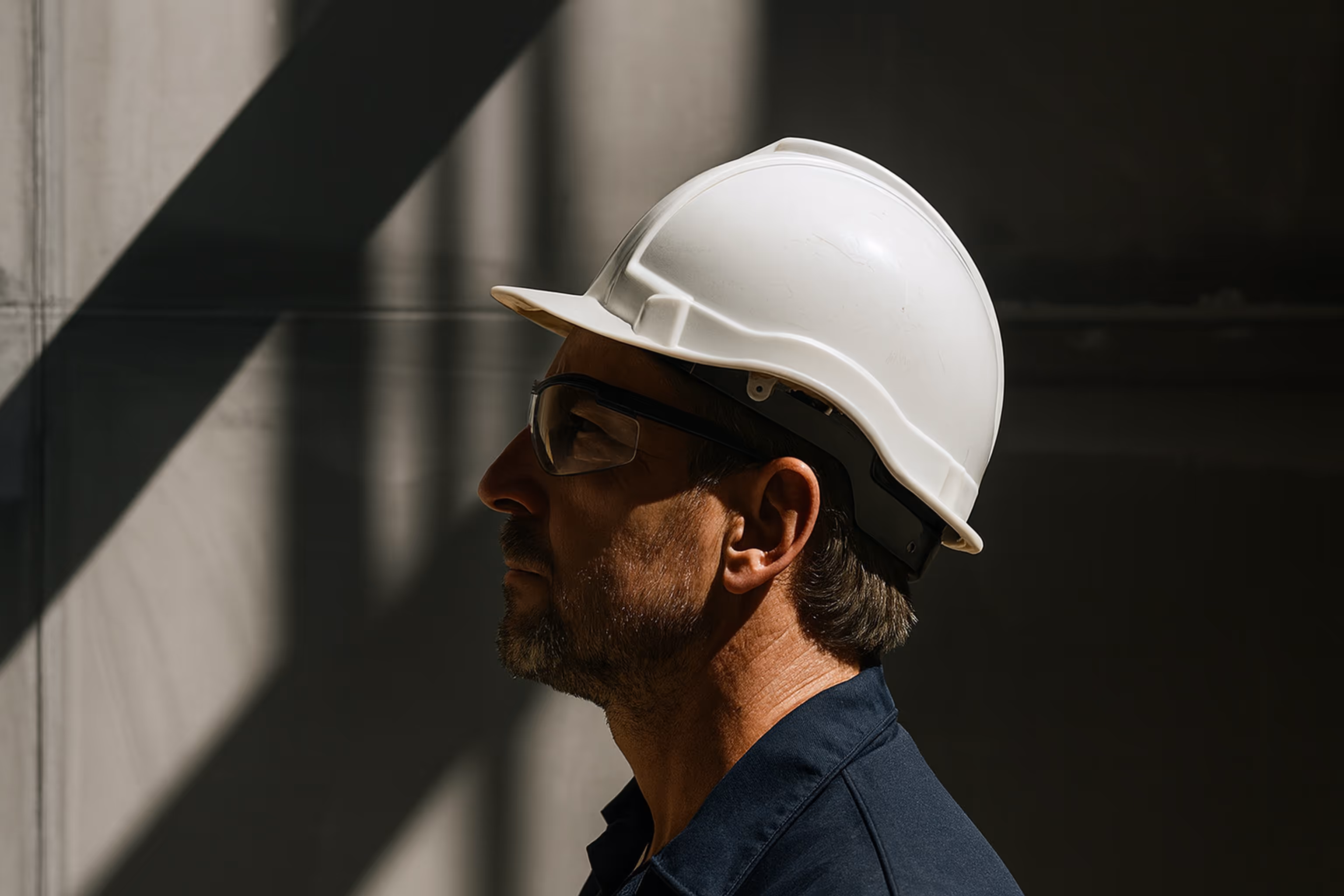 Profile of a man wearing safety glasses and a white hard hat against a dark industrial background.