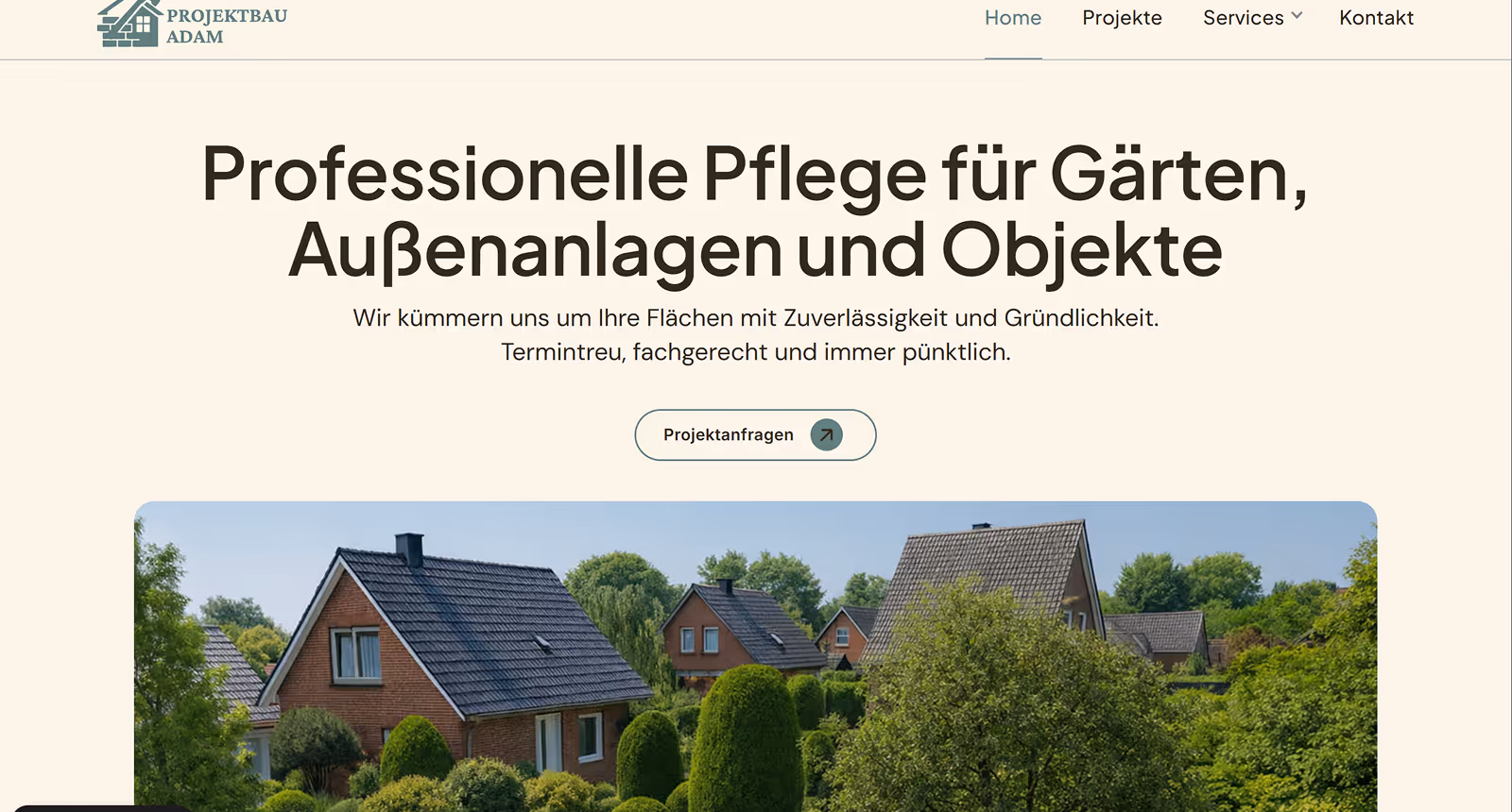 Website header with logo and navigation, German text about professional garden, outdoor area, and object care, and photo of houses surrounded by greenery.