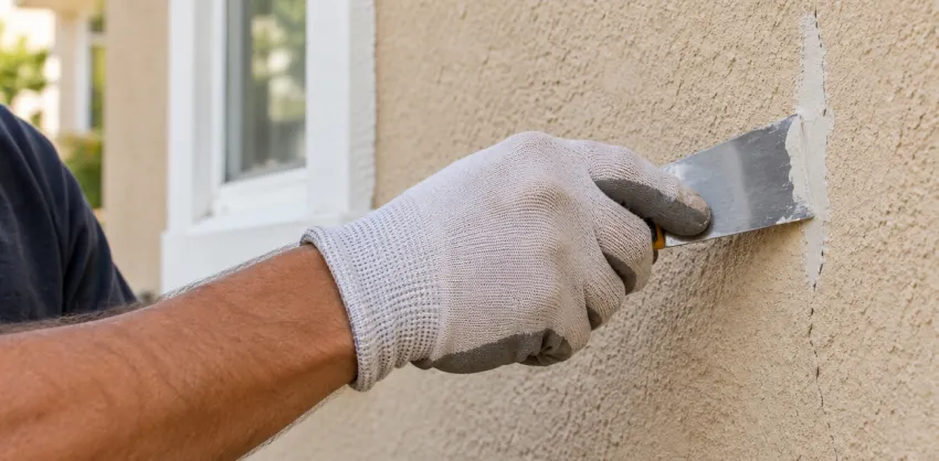 Painter patching and priming stucco cracks