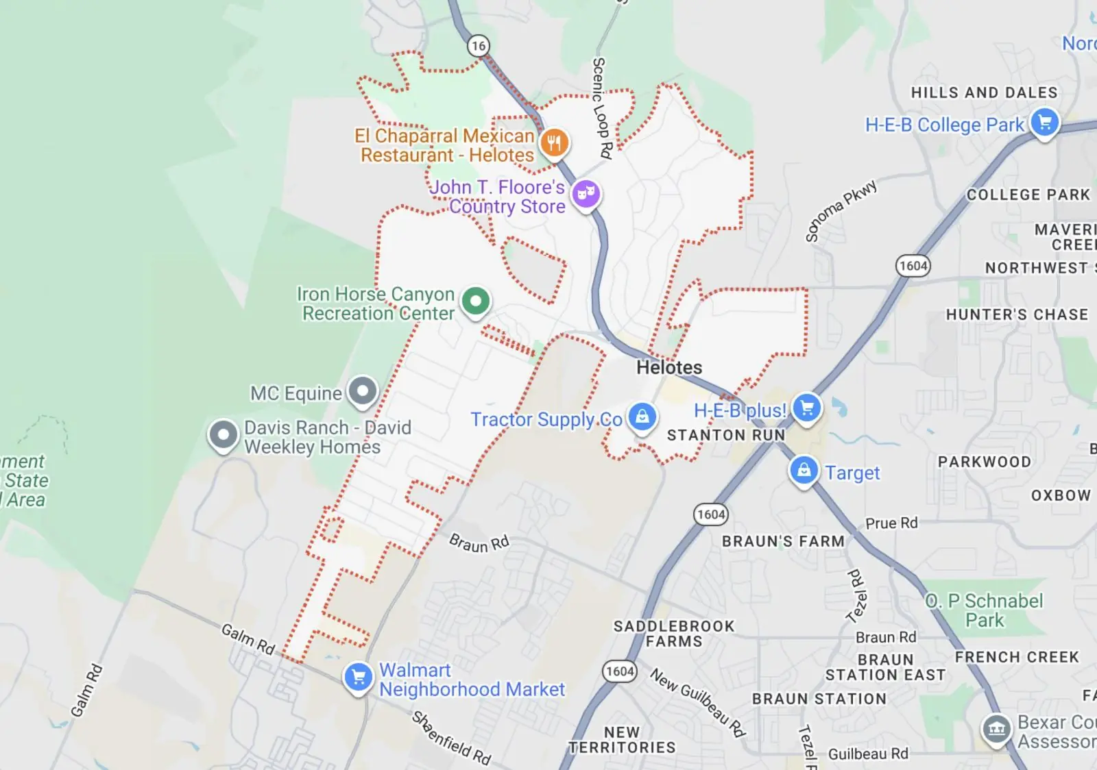 Map showing the Elite Finish Painters exterior painting service area in Helotes, Texas.
