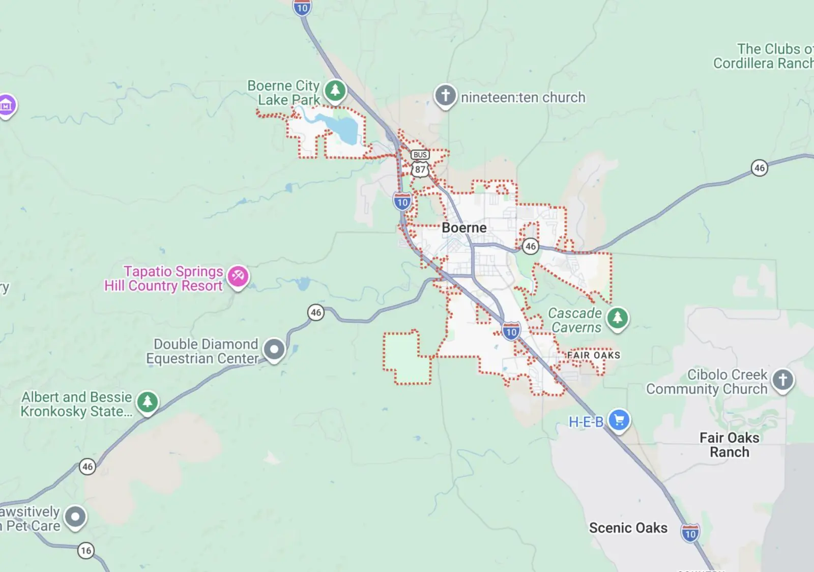Map showing the Elite Finish Painters exterior painting service area around Boerne and Fair Oaks Ranch, Texas.