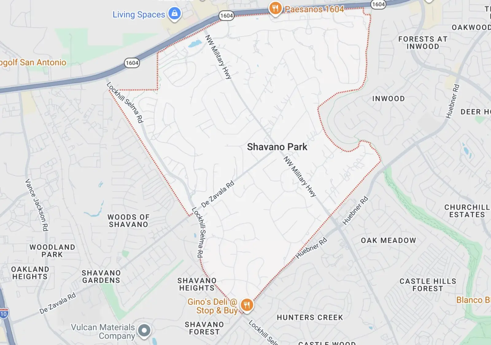Map showing the Elite Finish Painters exterior painting service area in Shavano Park, Texas.