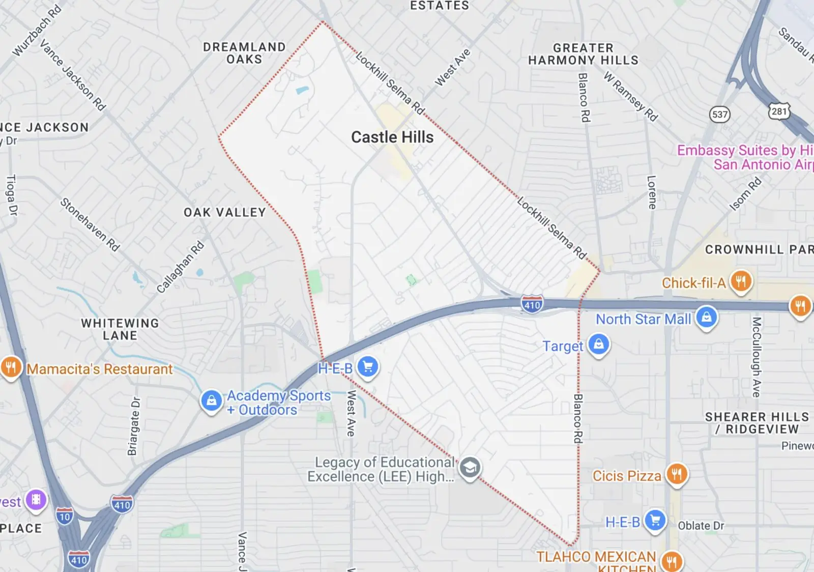 Map showing the Elite Finish Painters exterior painting service area in Castle Hills, Texas.