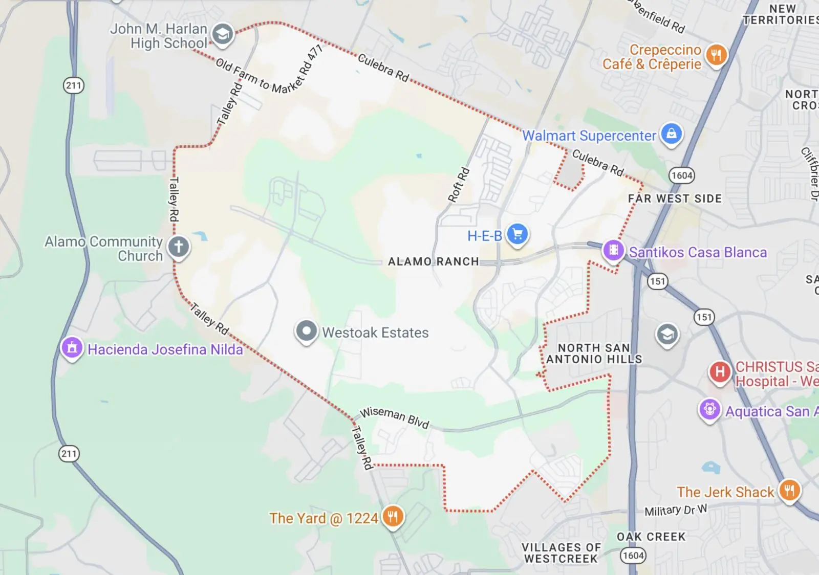Map showing the Elite Finish Painters exterior painting service area in Alamo Ranch, San Antonio.