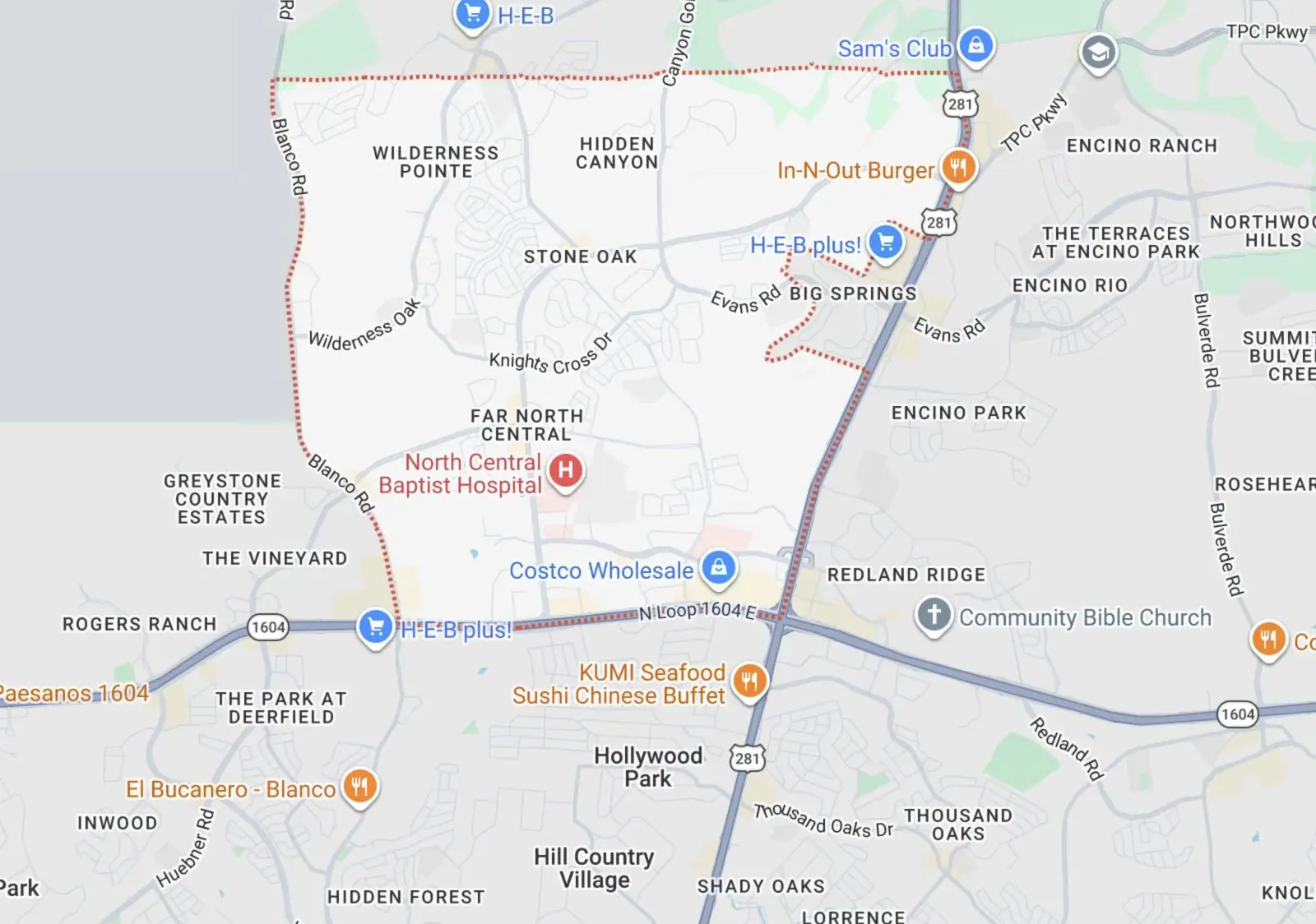 Map showing the Elite Finish Painters exterior painting service area in Stone Oak, San Antonio.