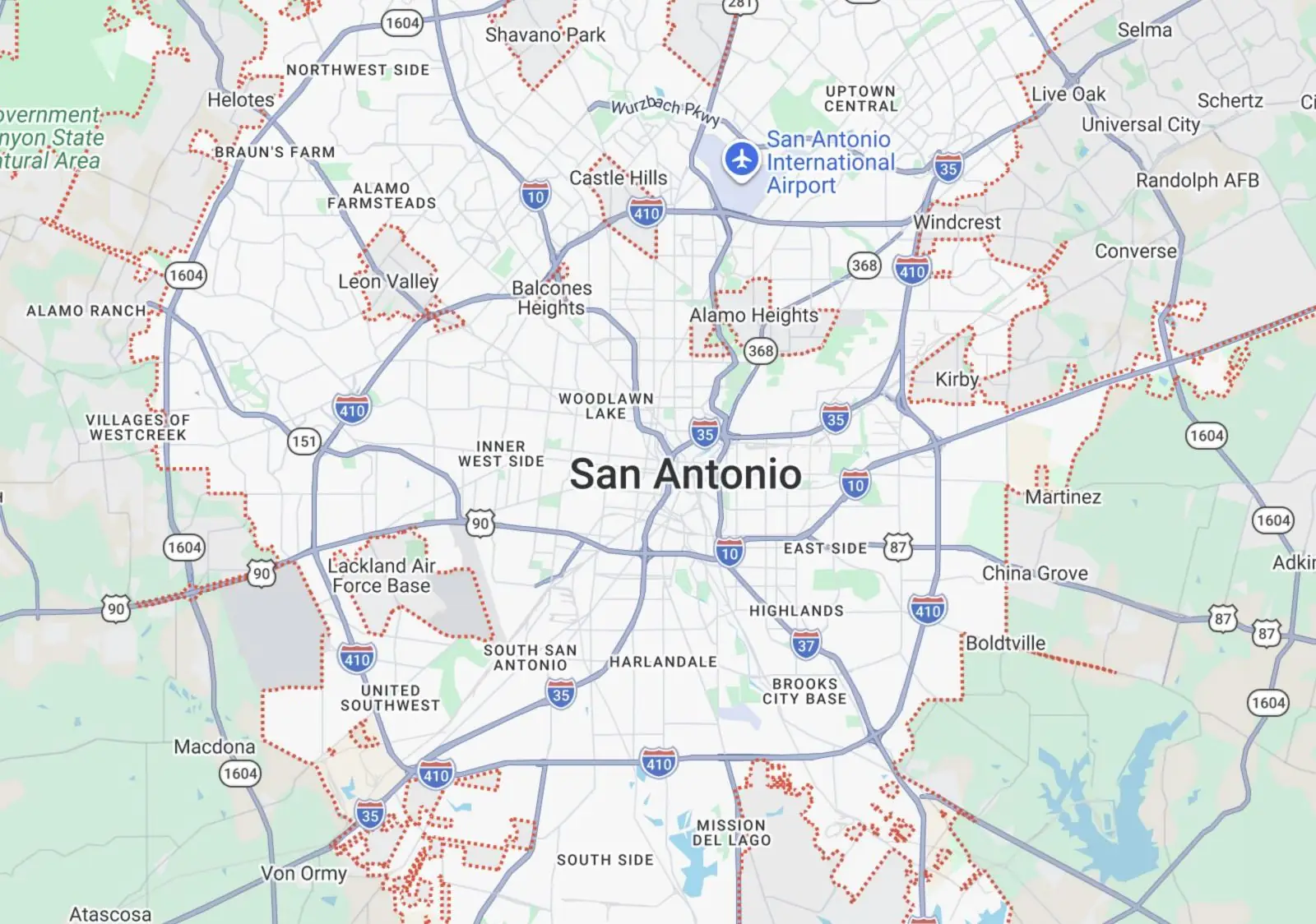 Map showing the Elite Finish Painters exterior painting service area in San Antonio, Texas.