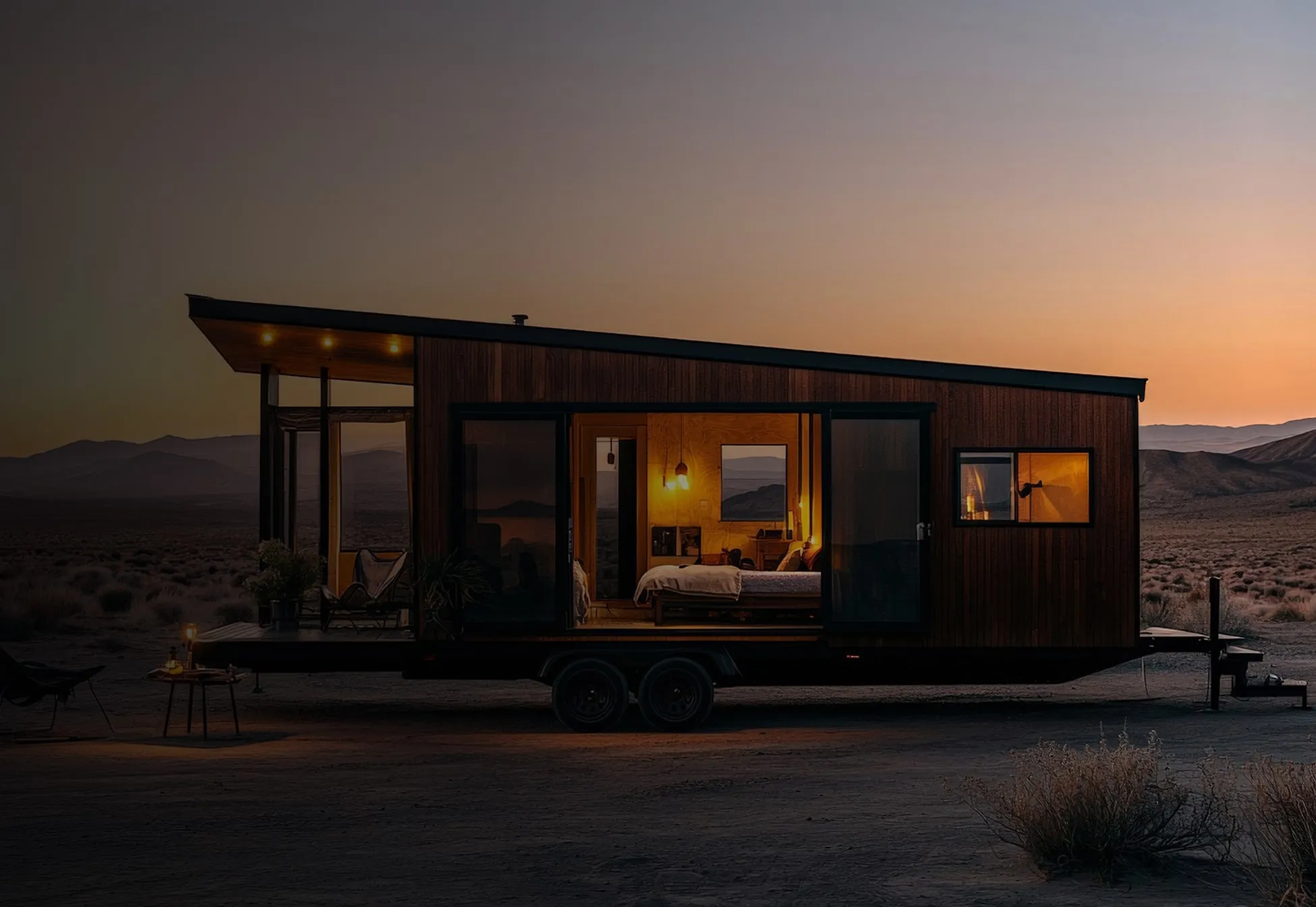 Modern tiny house trailer with illuminated bedroom and sitting area at sunset in a desert landscape.
