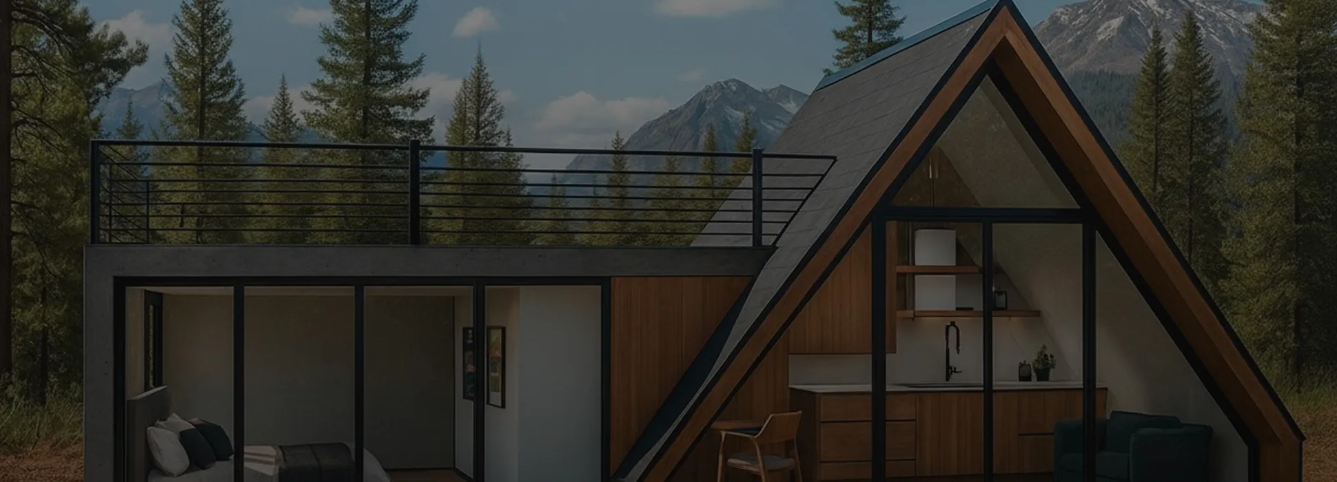Modern A-frame cabin with glass walls showing a bedroom and kitchenette, surrounded by pine trees and mountains.