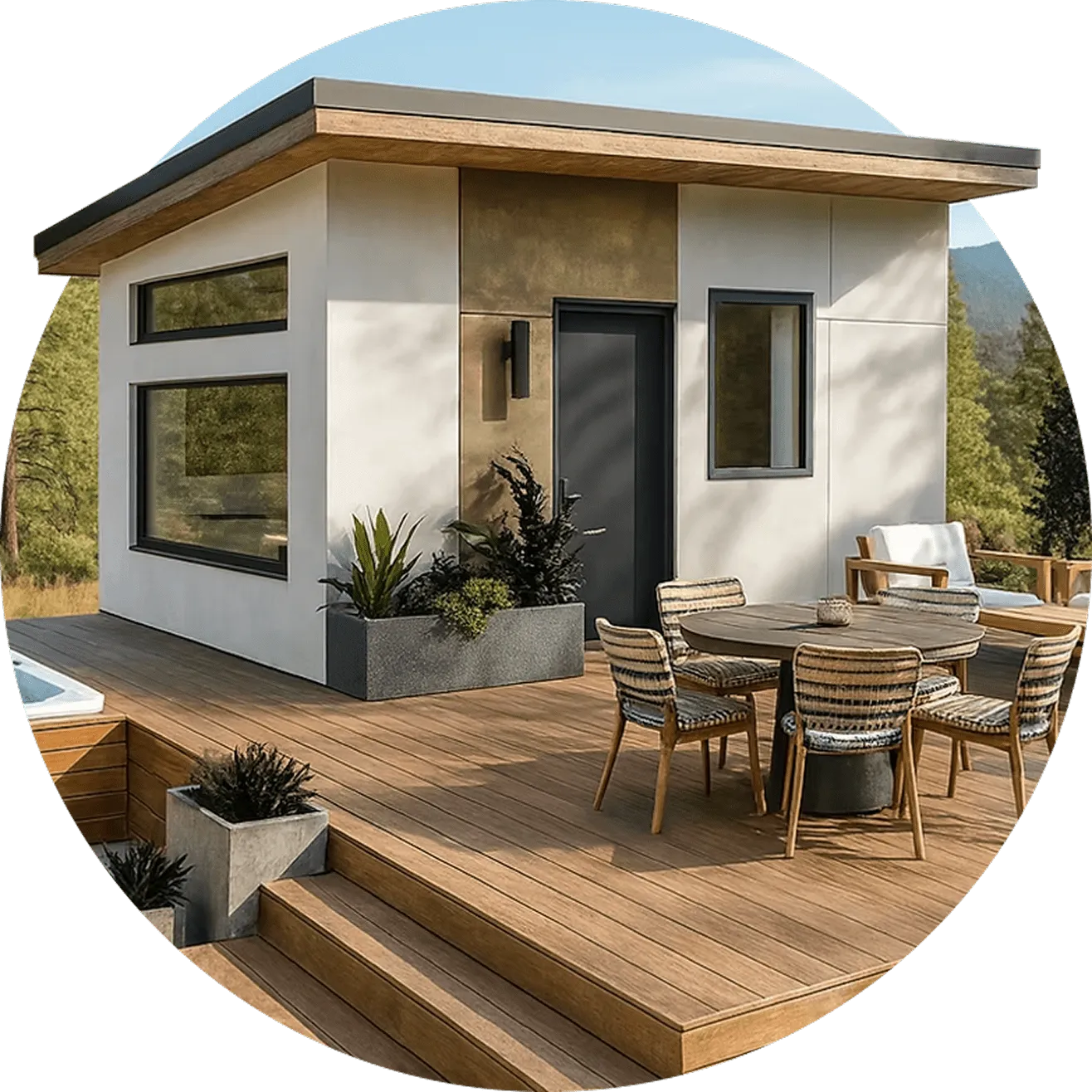 Modern tiny house with large windows and outdoor wooden deck featuring a round dining table with chairs and lounge seating.